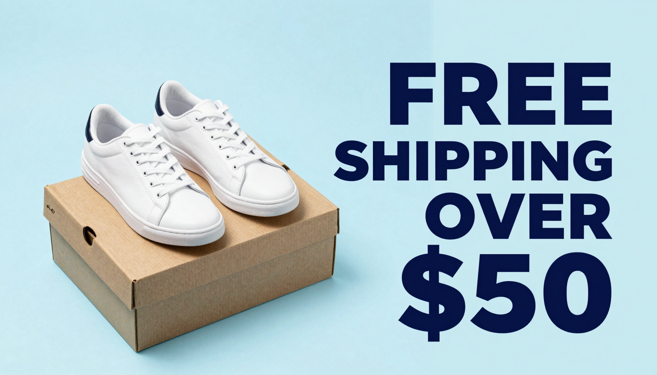 Flat-lay of white sneakers and a kraft shipping box on pastel blue with bold navy text FREE SHIPPING OVER $50