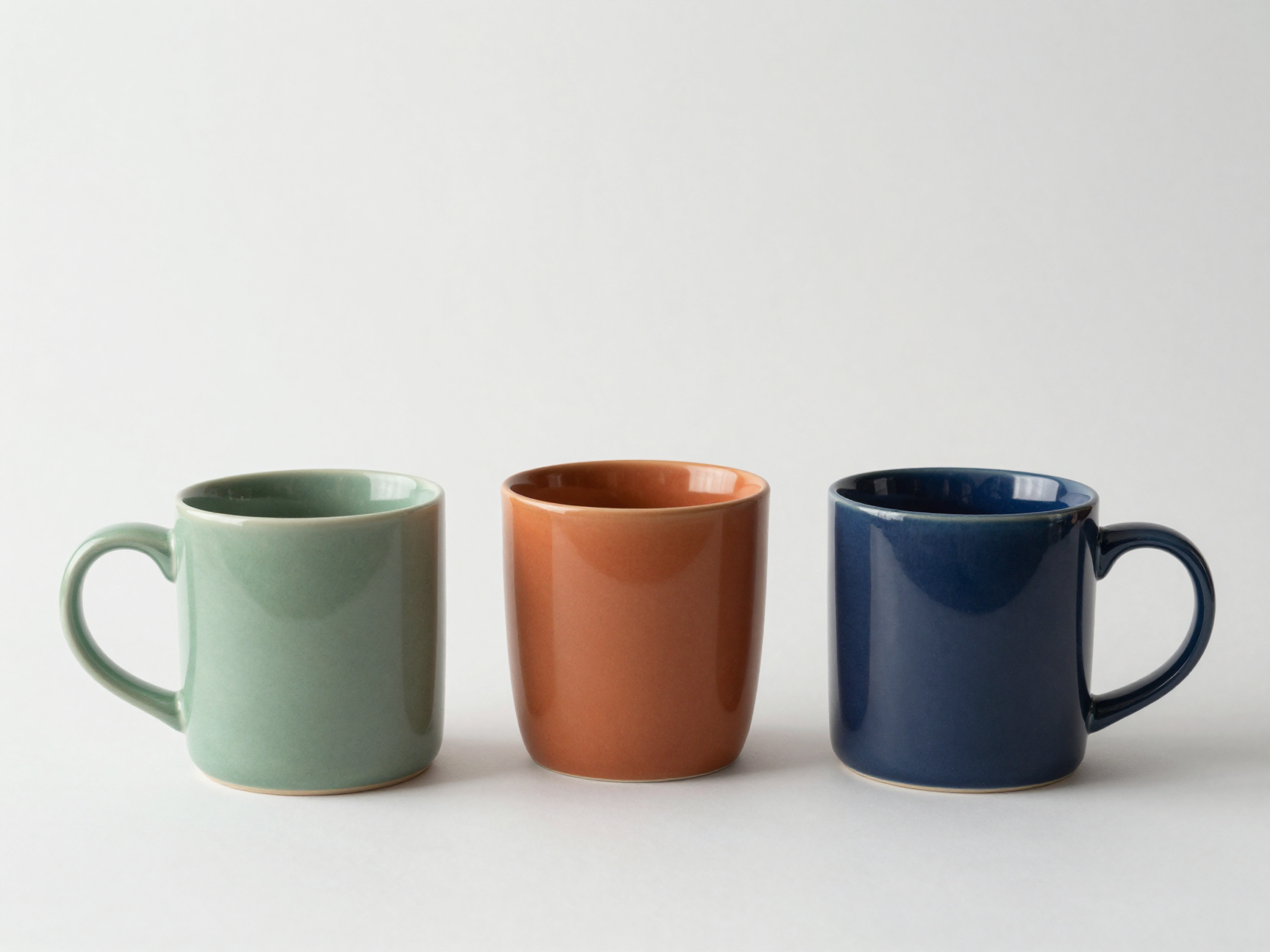 Three ceramic mugs in sage green, terracotta, and navy lined up on a white studio background