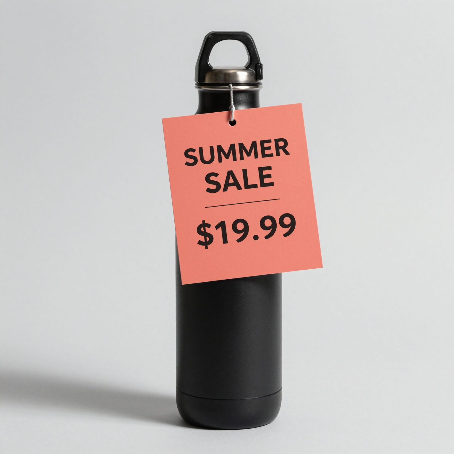 Matte black water bottle with a coral hang tag reading SUMMER SALE $19.99, generated by z-image