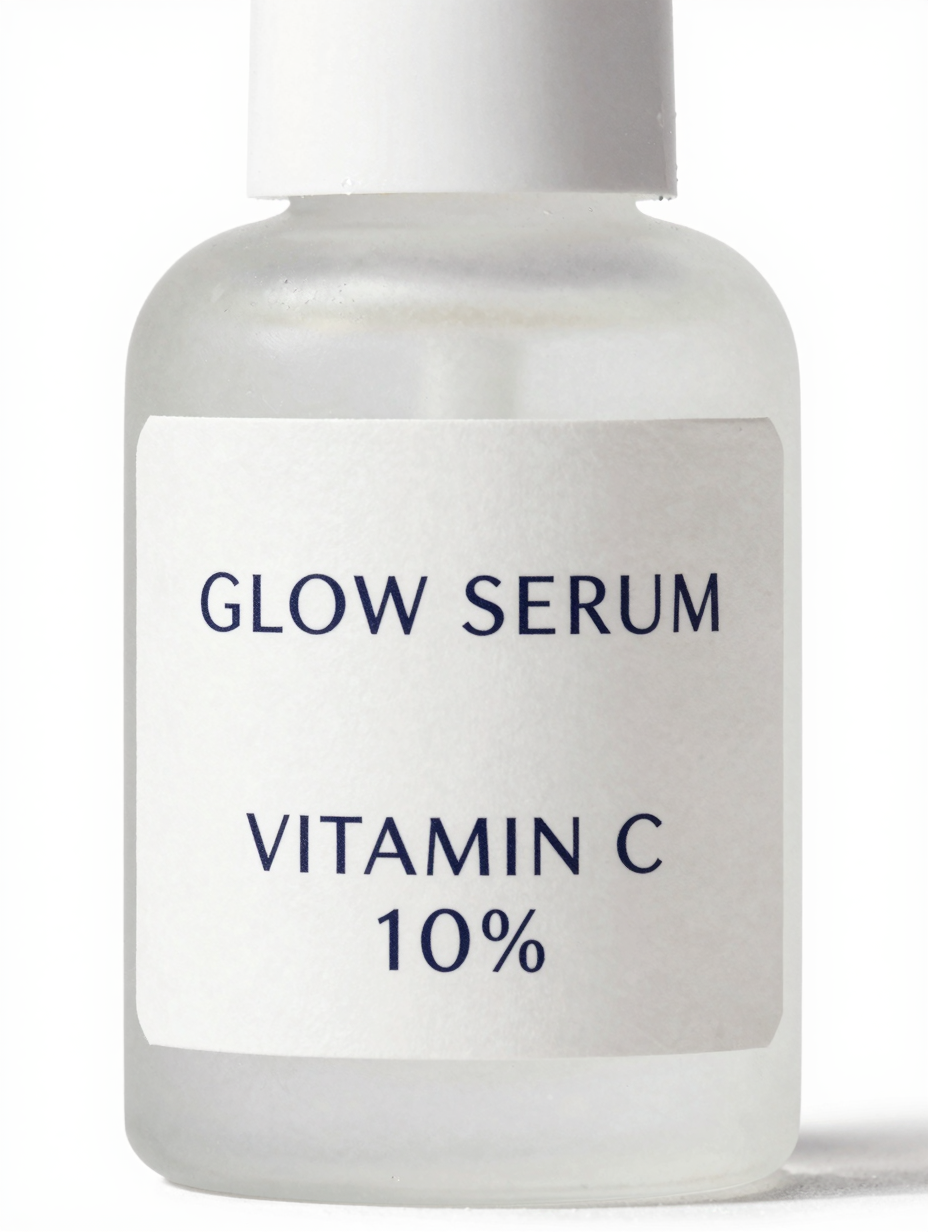 Frosted glass skincare bottle with a white label reading GLOW SERUM, VITAMIN C 10%