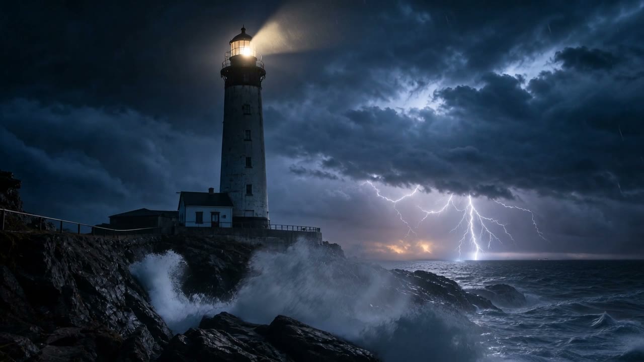 Start frame: a lighthouse on a stormy night, waves crashing on the rocks, lightning in the distance