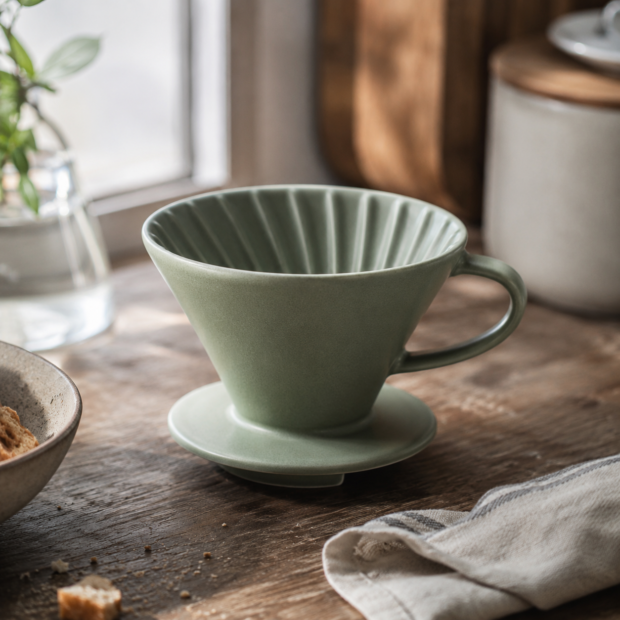 Source image: sage green ceramic pour-over coffee dripper on a weathered wooden kitchen counter surrounded by crumbs, a bowl and a linen towel