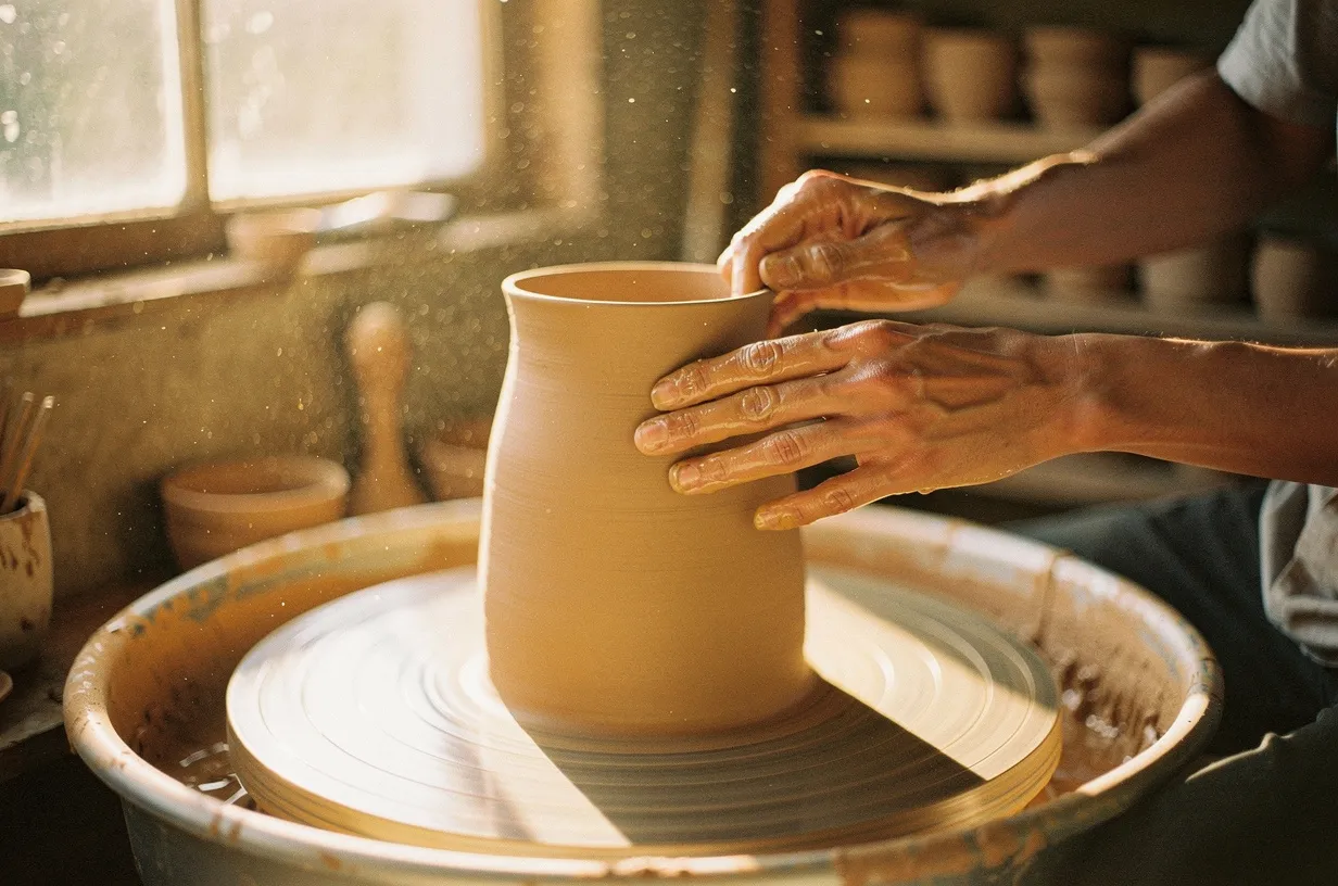 FLUX.2 close-up of a ceramicist's hands shaping a pale clay vessel in golden-hour light