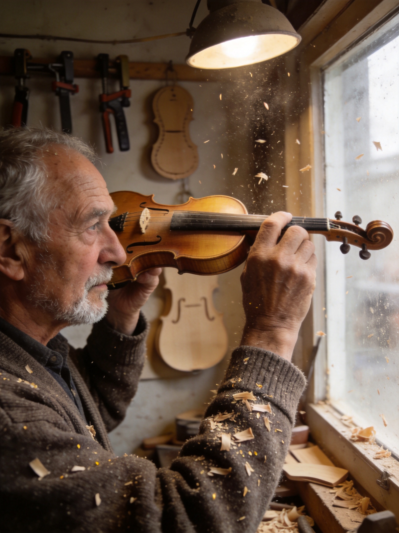 Elderly luthier working in a wood-shaving workshop