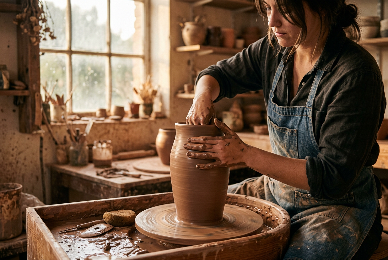 Nano Banana 2 wider editorial shot of a potter at the wheel in a full workshop