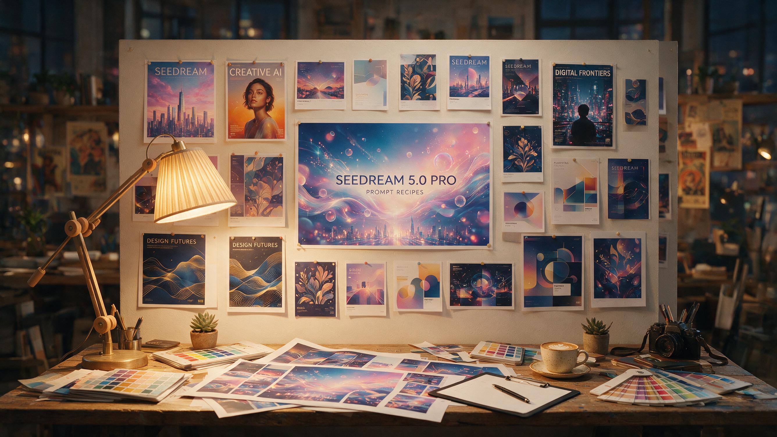 Seedream 5.0 Pro renders a designer's studio wall of posters with the headline "SEEDREAM 5.0 PRO" and subtitle "PROMPT RECIPES" cleanly