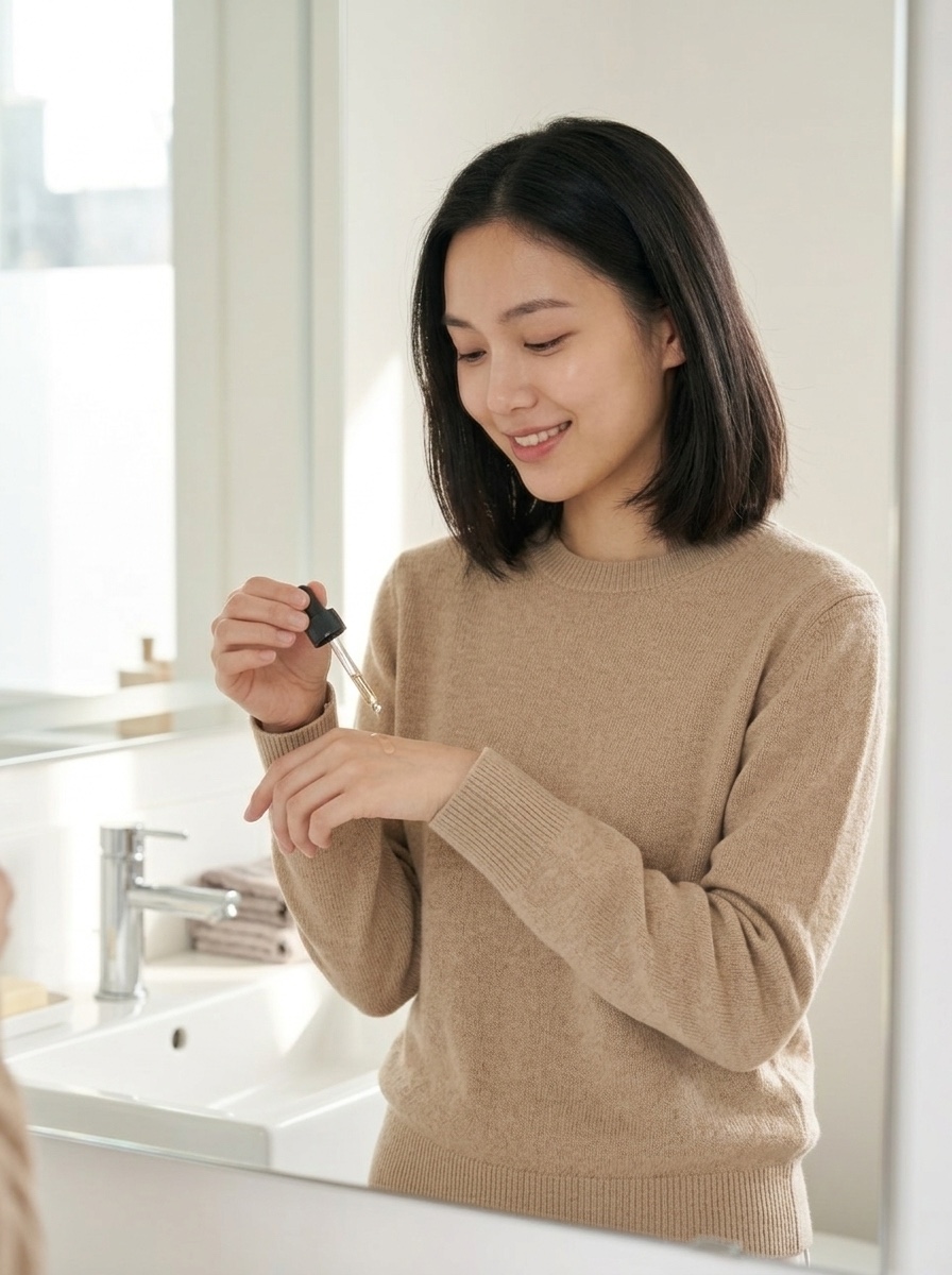 The same woman from a reference photo, at a bathroom mirror applying a drop of serum to the back of her hand