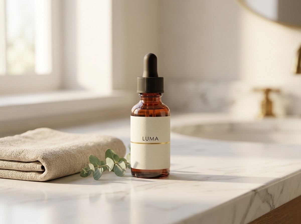 The amber serum bottle re-placed unchanged on a white marble bathroom counter next to a linen towel and eucalyptus sprig