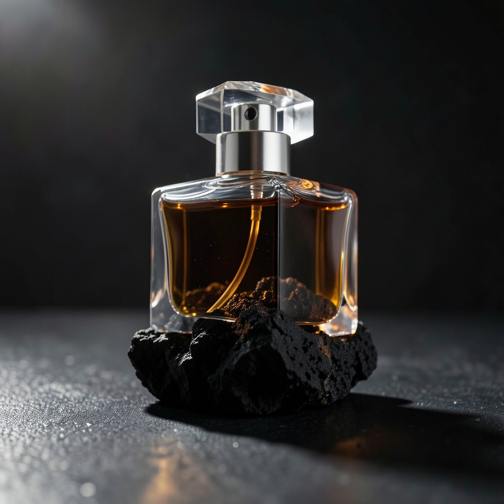 Perfume bottle on volcanic rock with dramatic rim lighting