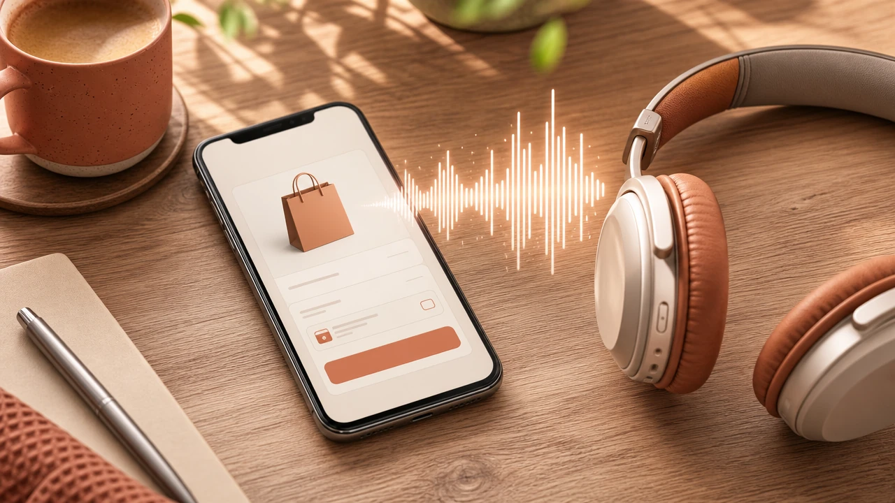 E-commerce checkout screen with headphones and an audio waveform, representing AI-generated voiceover for online stores