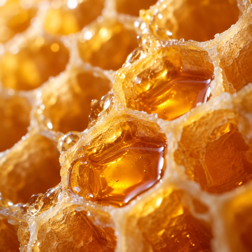 Extreme macro photograph of honeycomb with translucent amber honey, generated by GPT Image 2.5 Sunburst