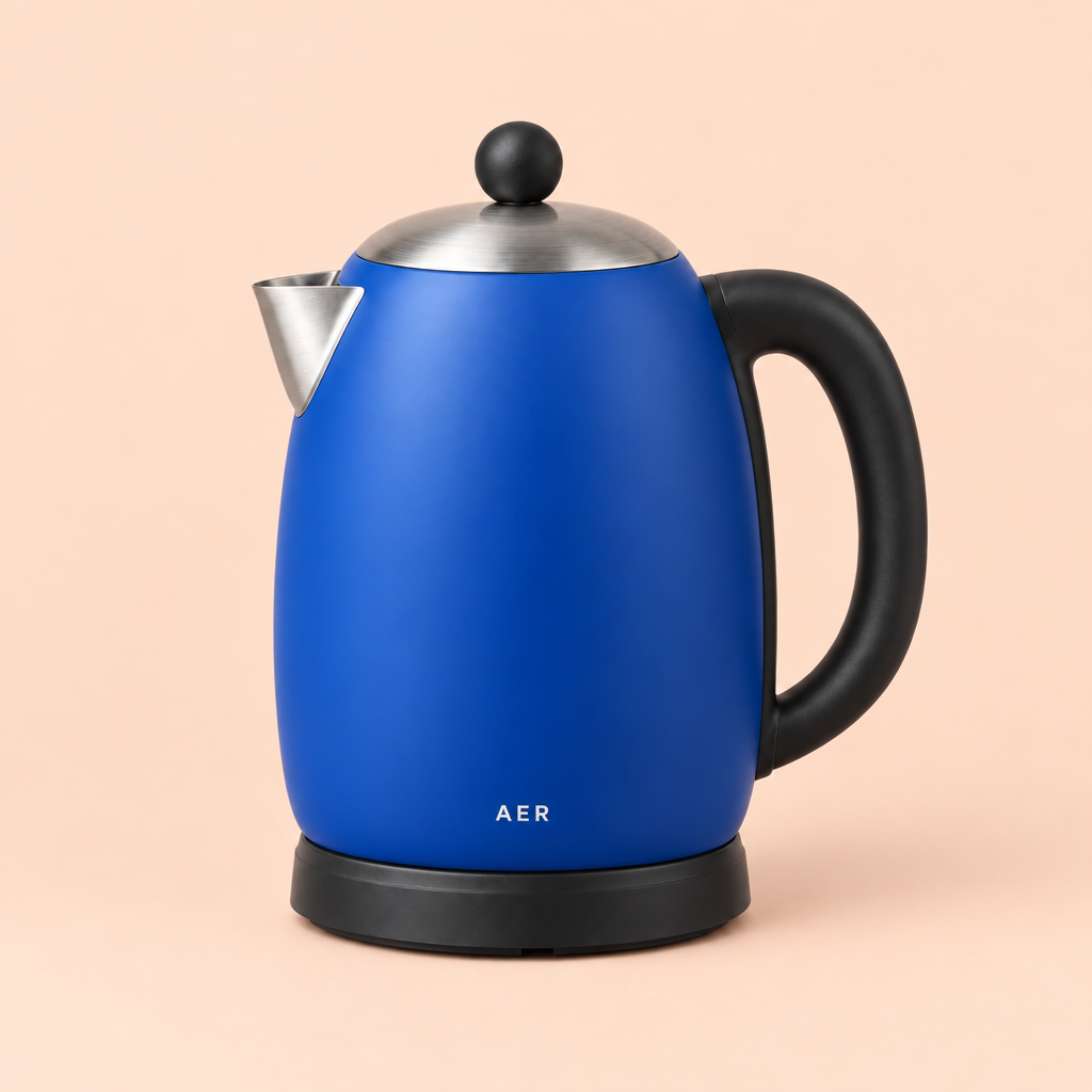 A cobalt-blue kettle product photo after GPT Image 2.5 Sunburst swapped the background to a warm pale peach studio backdrop
