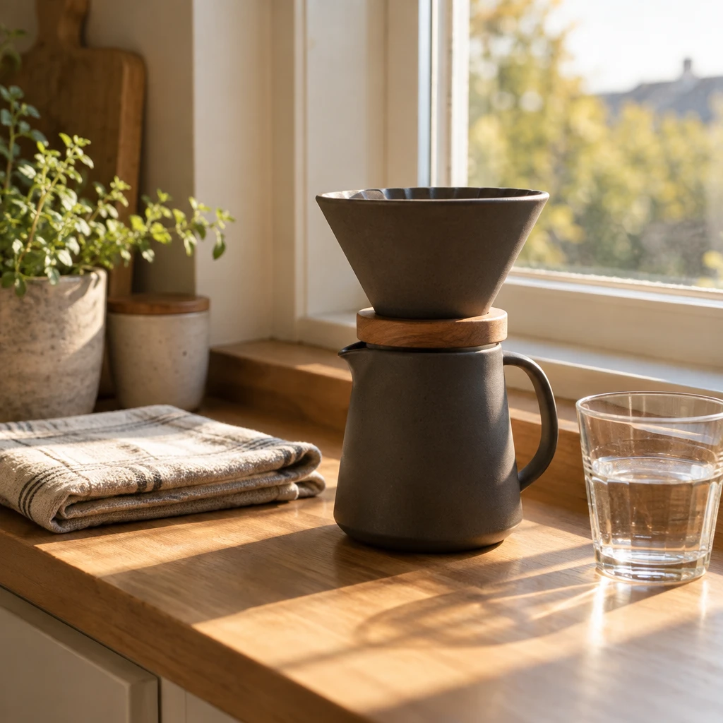 Lifestyle photo of a ceramic pour-over coffee dripper on a sunlit kitchen windowsill, generated by GPT Image 2.5 Sunburst