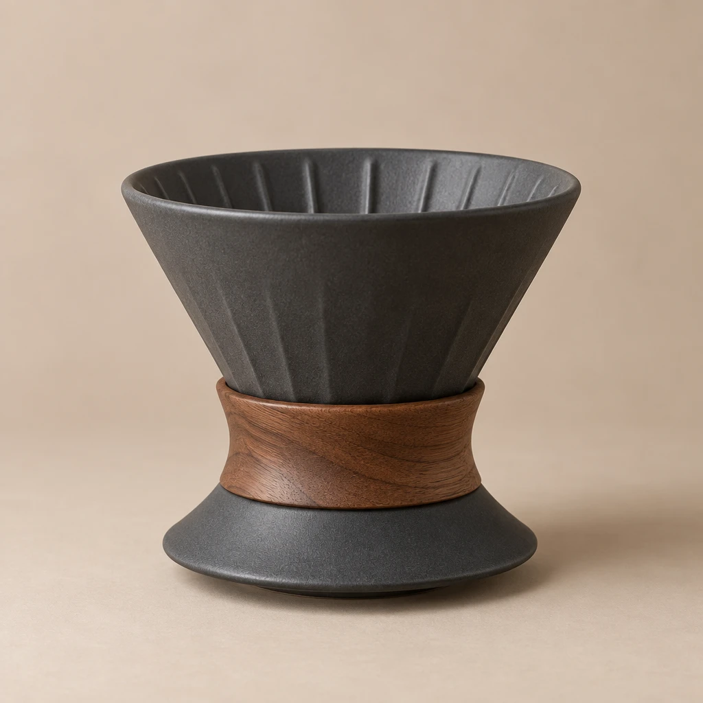 Studio product photo of a ceramic pour-over coffee dripper on a beige seamless backdrop, generated by GPT Image 2.5 Sunburst