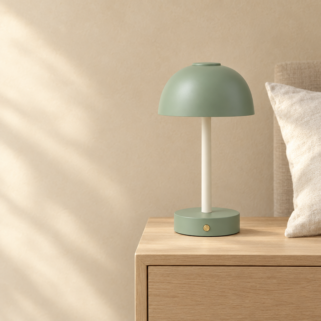 Modern arc floor lamp placed beside a linen sofa in a warm, softly lit living room