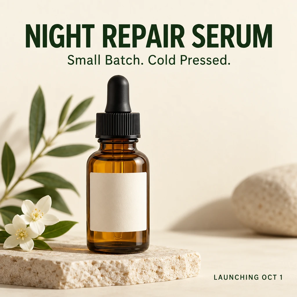 Product launch poster with an amber glass dropper bottle and bold headline text "NIGHT REPAIR SERUM", generated by GPT Image 2.5 Sunburst