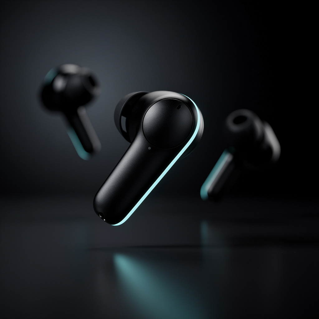 flux-2 product render: matte-black wireless earbuds with teal rim lighting floating in a dark studio
