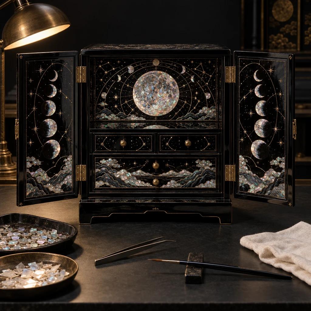 Lacquer cabinet with a mother-of-pearl crescent moon inlay, the source image for an image-to-image edit