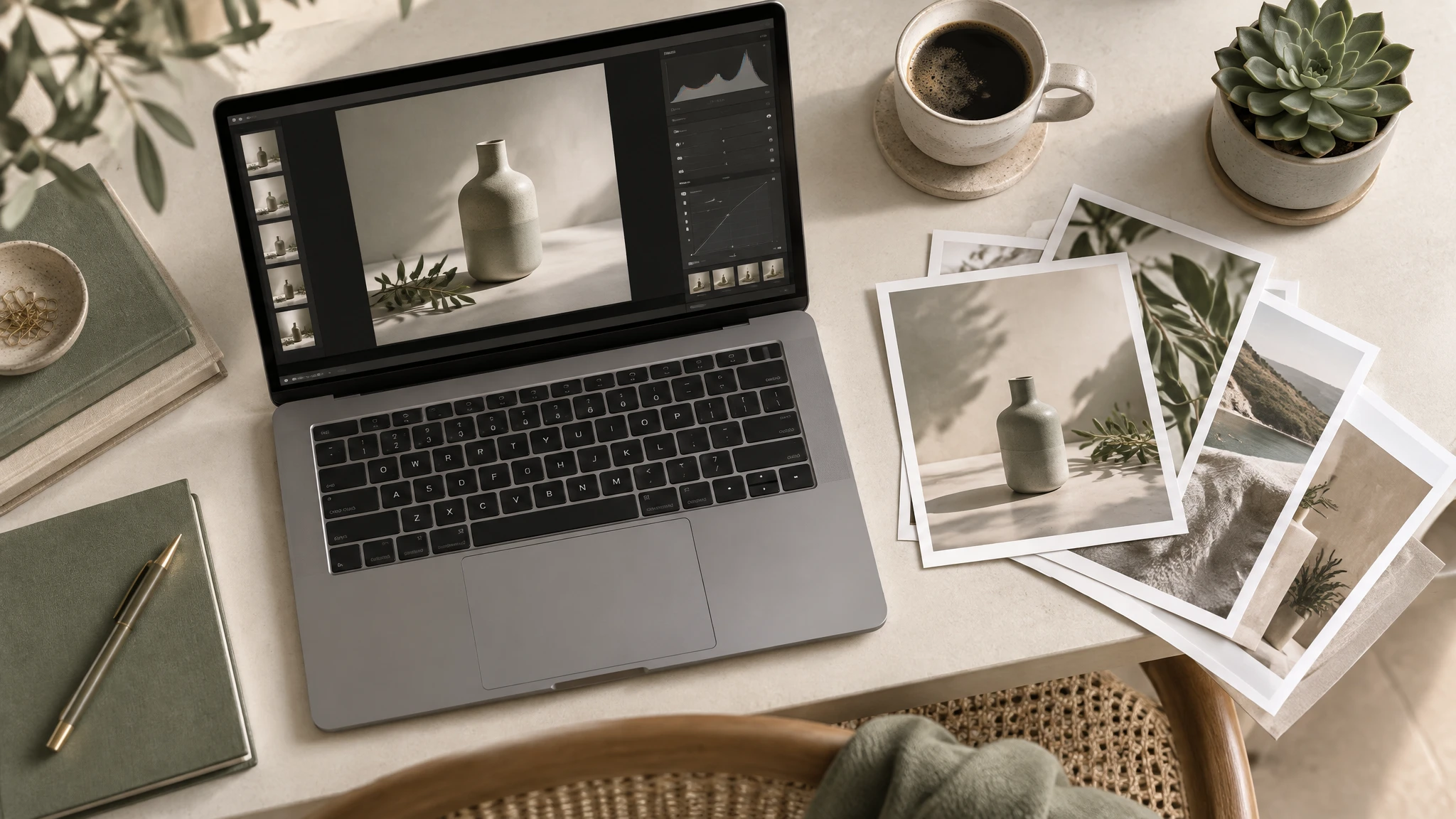 Overhead flat-lay of a designer's desk with a laptop, printed photo proofs, coffee, and a succulent plant, generated by GPT Image 2.5 Sunburst as a 16:9 blog hero image
