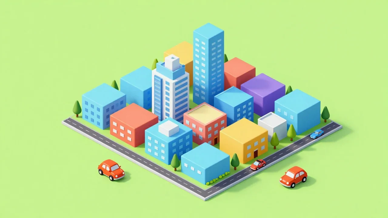 Isometric 3D city block · 16:9