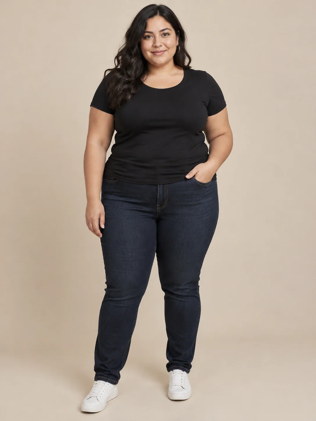 Input person B: black top, dark jeans and white shoes