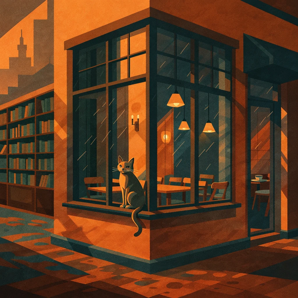 Generated with Recraft V4 Styles: rainy-street café with a cat