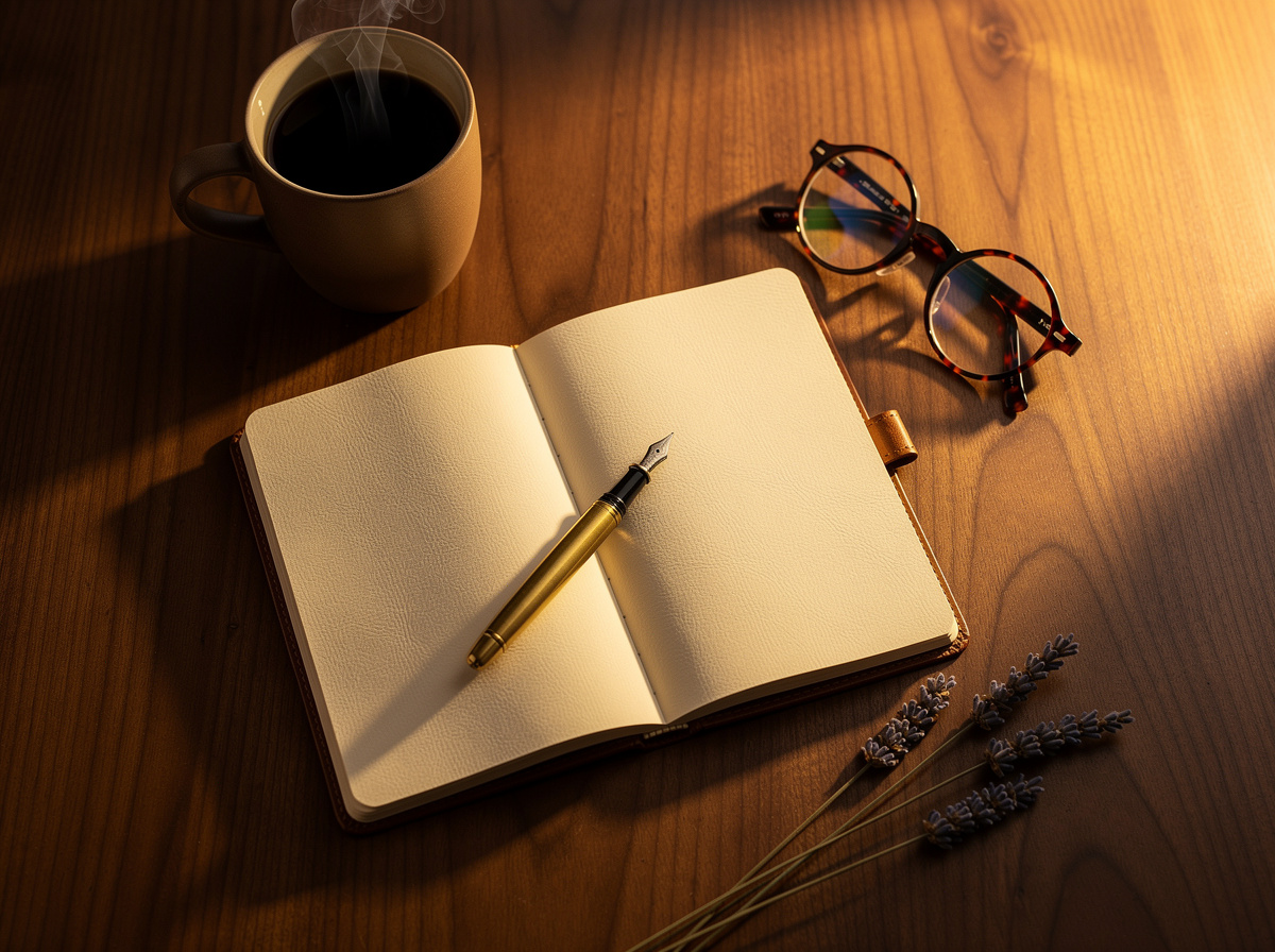 FLUX.2 sample: a top-down flat-lay of a leather journal, fountain pen and coffee on a walnut desk