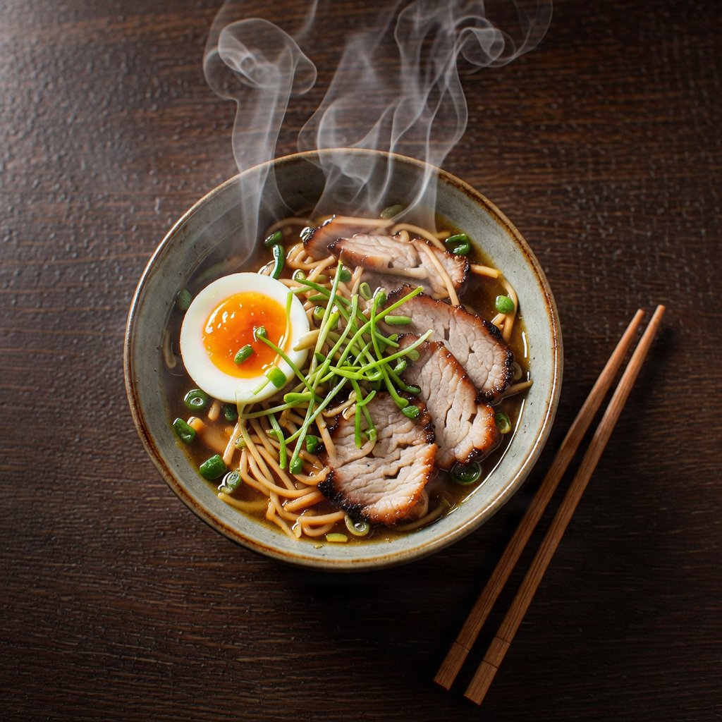 FIBO overhead ramen with the egg on the left