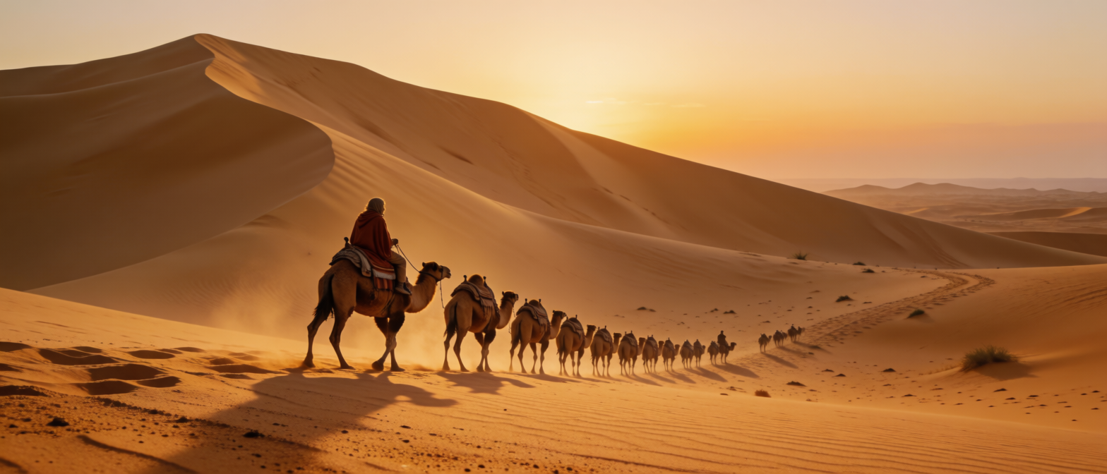 Desert caravan at sunset