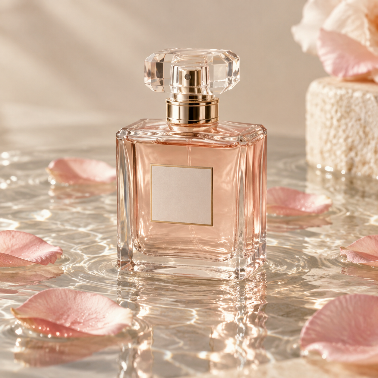 Perfume bottle on rippling water First frame