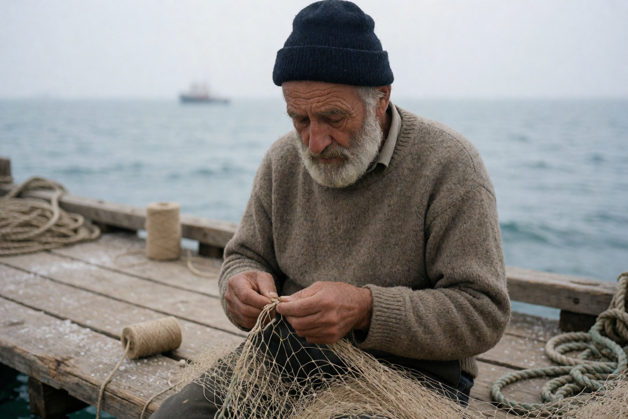 Fisherman mending nets