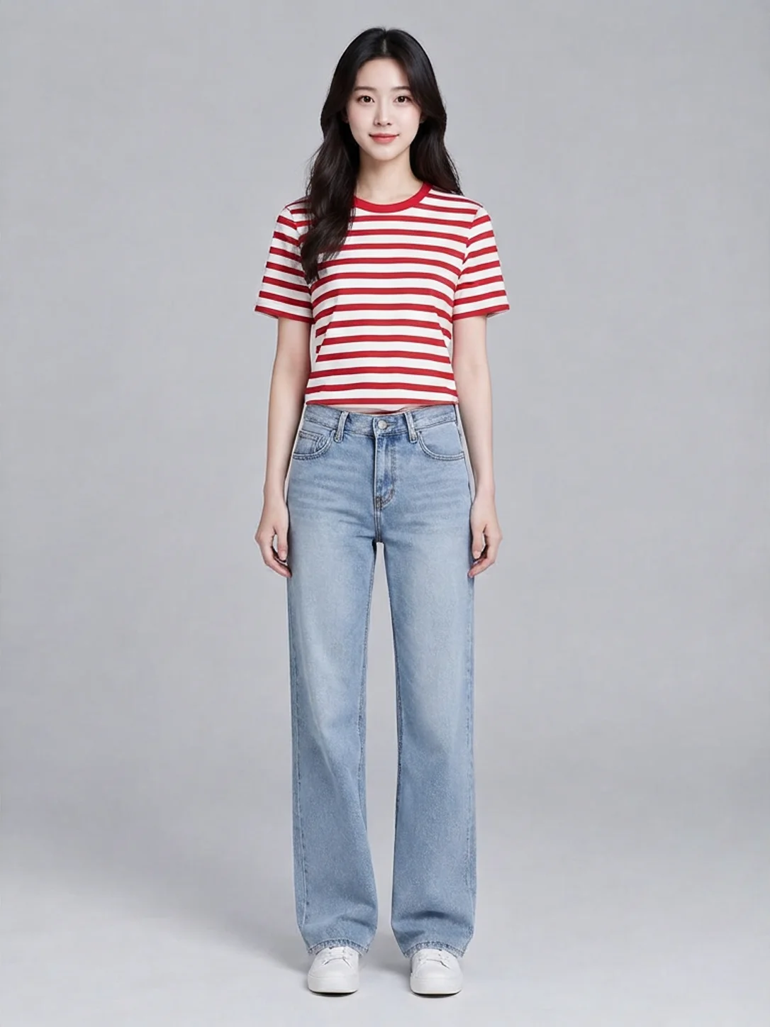 Person A wearing the red-and-white striped T-shirt