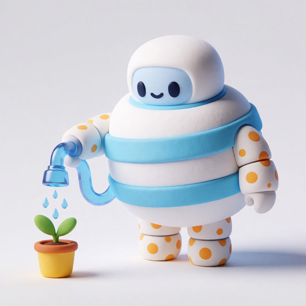 Clay robot watering a plant