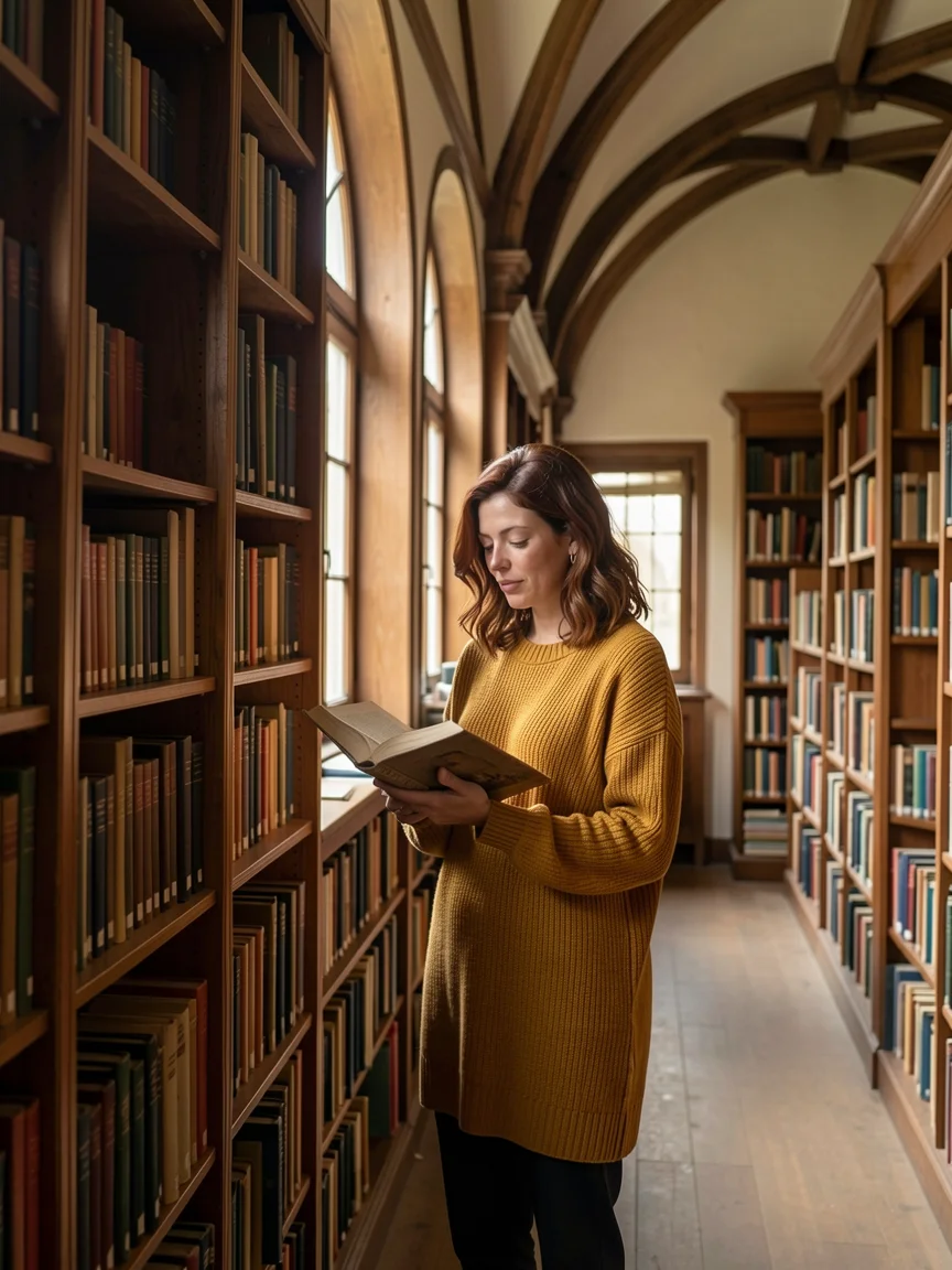 The same woman in a library