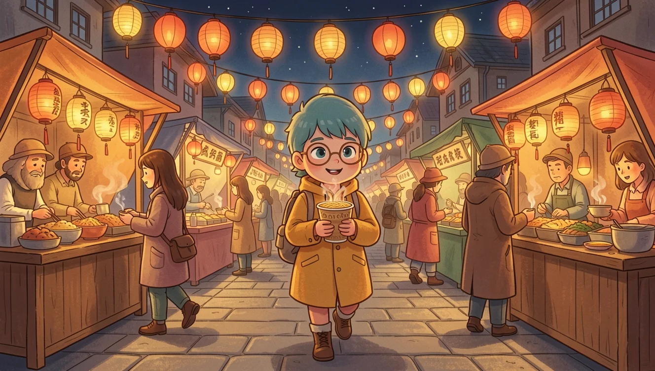 插画角色捧着热面走过灯笼夜市