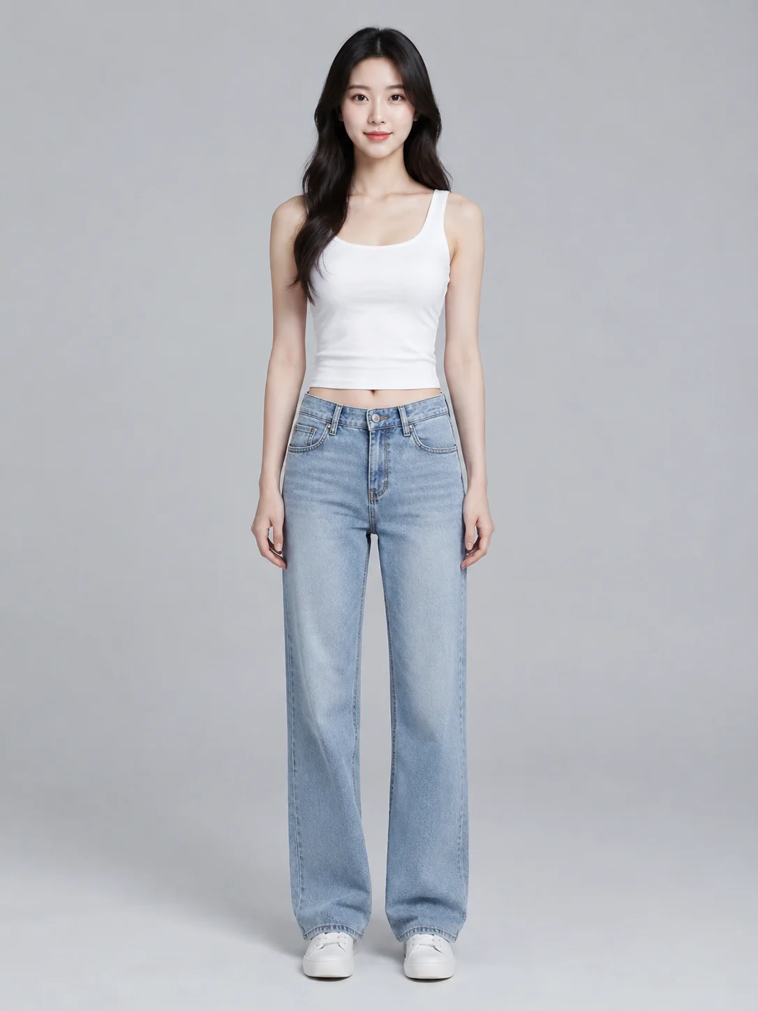 Input person A: white tank top, jeans and white shoes