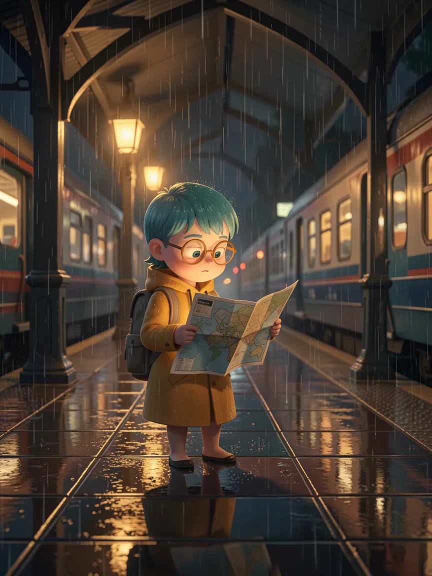 插画角色在雨夜站台看地图