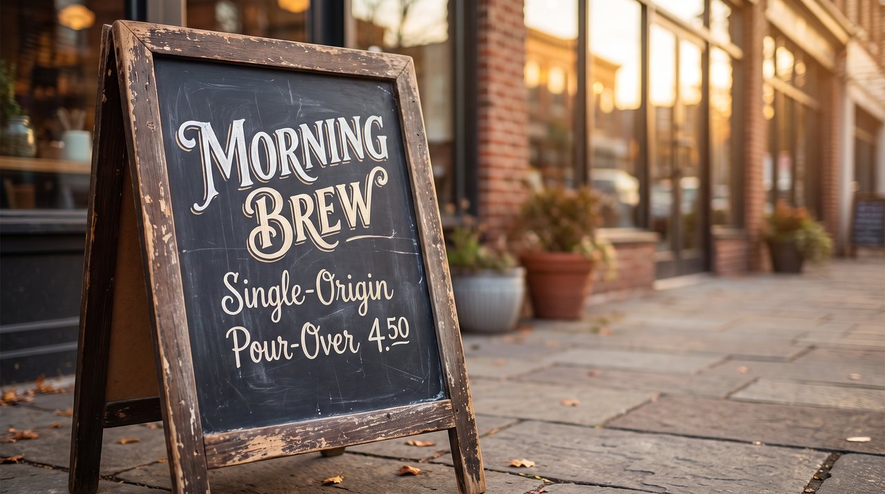 Nano Banana Pro sample: a photorealistic wooden A-frame cafe chalkboard sign