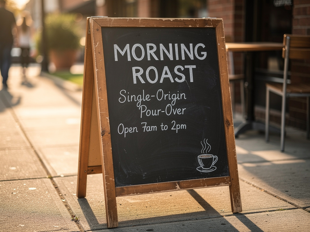 FLUX.2 rendering of a chalkboard A-frame cafe sign reading MORNING ROAST, Single-Origin Pour-Over, Open 7am to 2pm