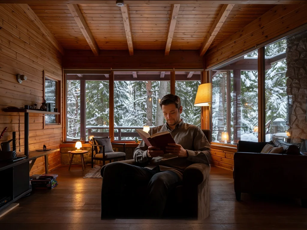 The photographed man reads in the cabin · Composite result