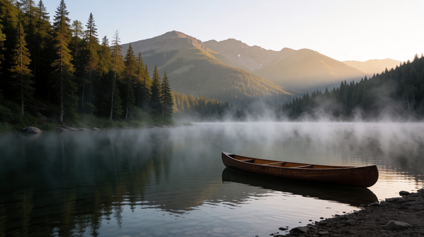 Canoe on a misty lake