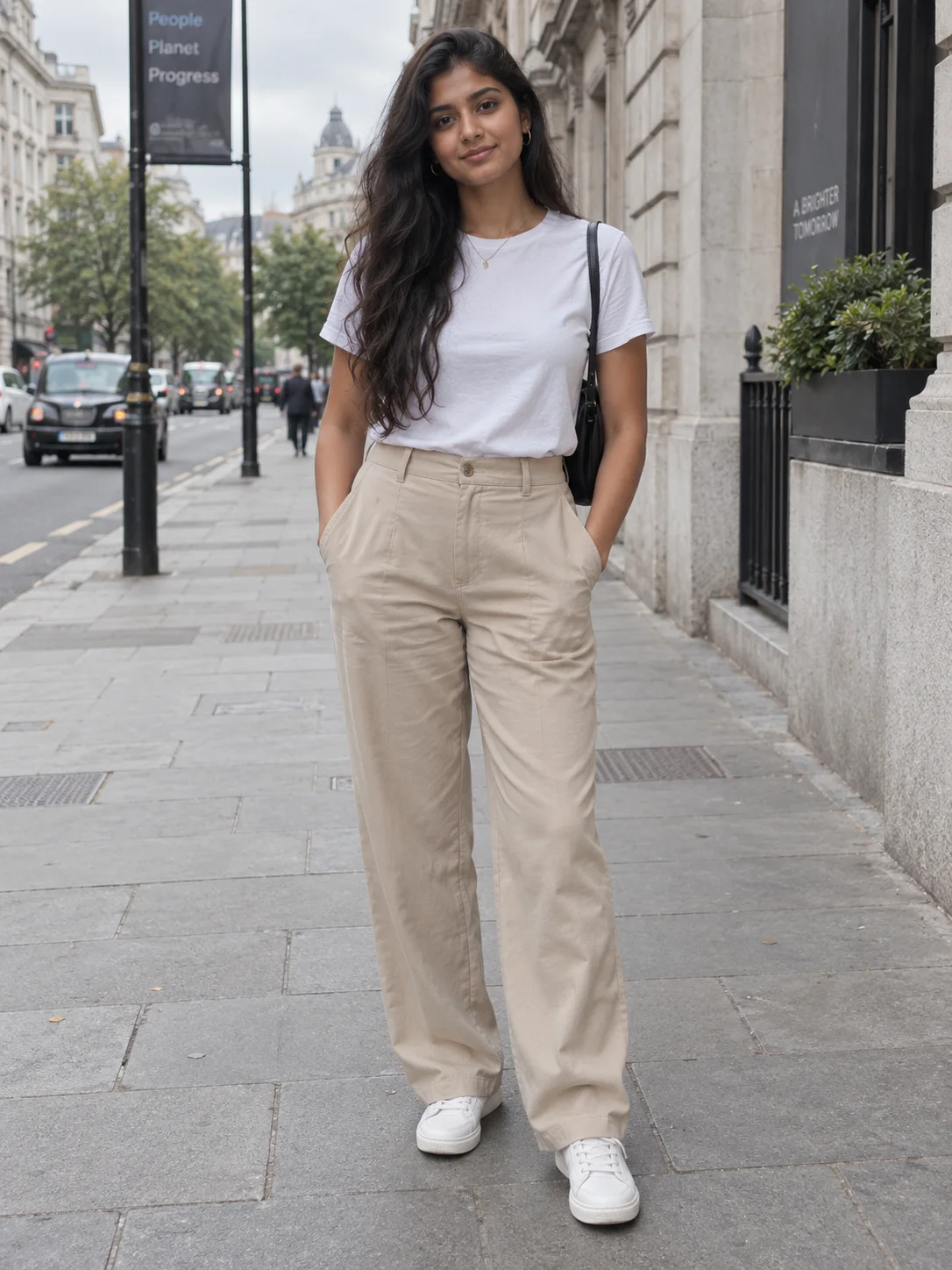 Input person C: white T-shirt and beige trousers in a street scene