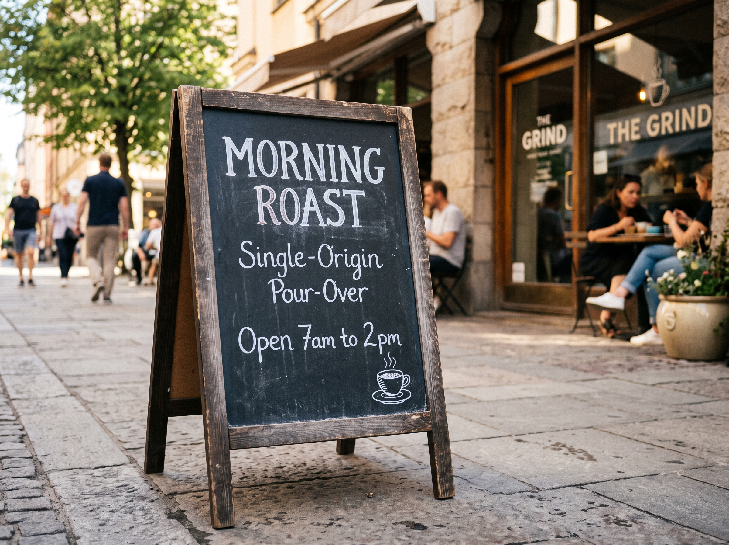 Nano Banana 2 rendering of the same MORNING ROAST chalkboard A-frame sign on a busier street