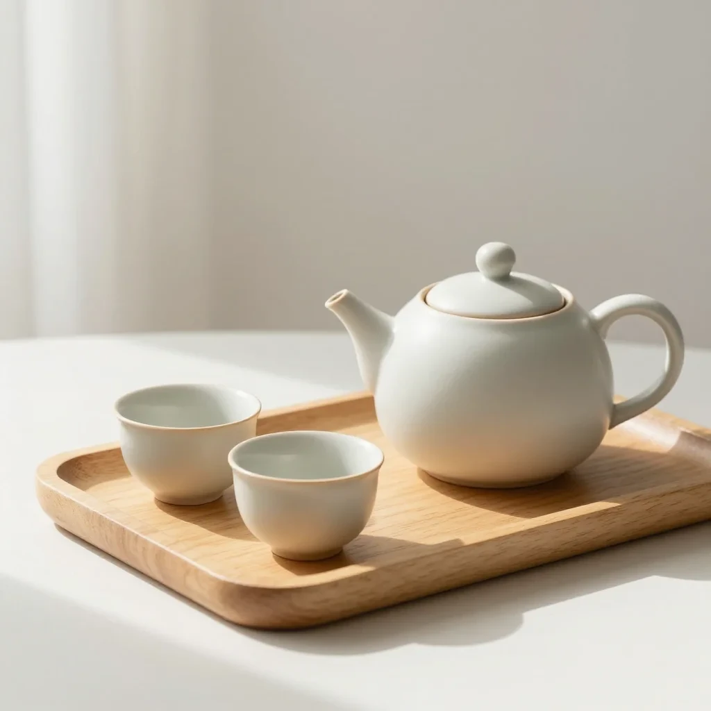 木托盘上的陶瓷茶壶