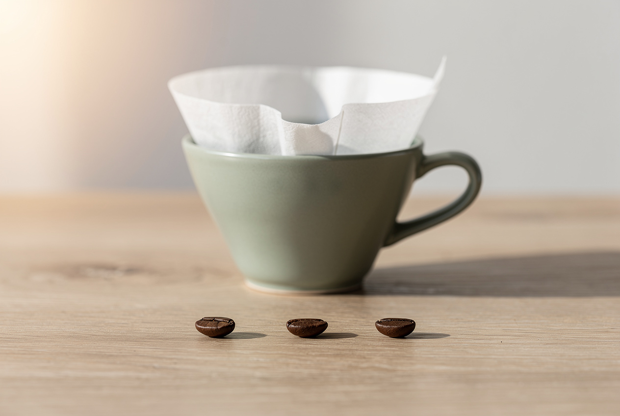 FLUX.2 studio product shot of a sage-green pour-over dripper with exactly three coffee beans