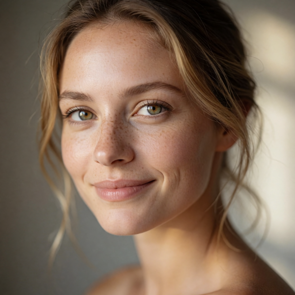 Freckled studio headshot · 1:1 · creativity low