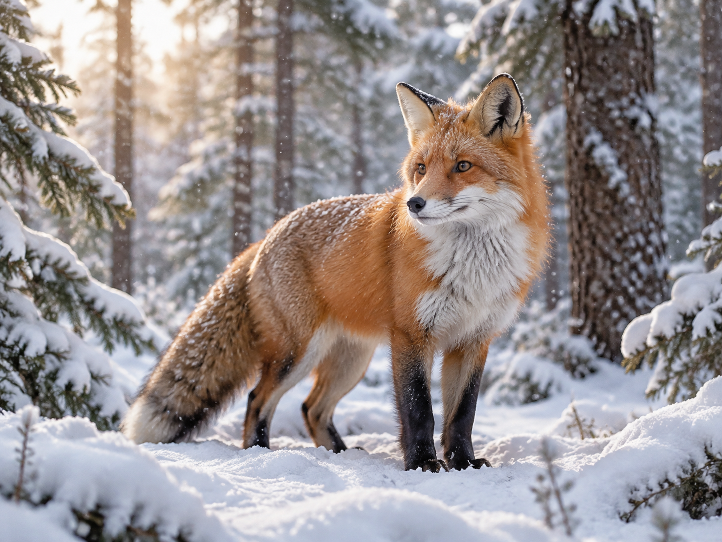A red fox in falling snow First frame