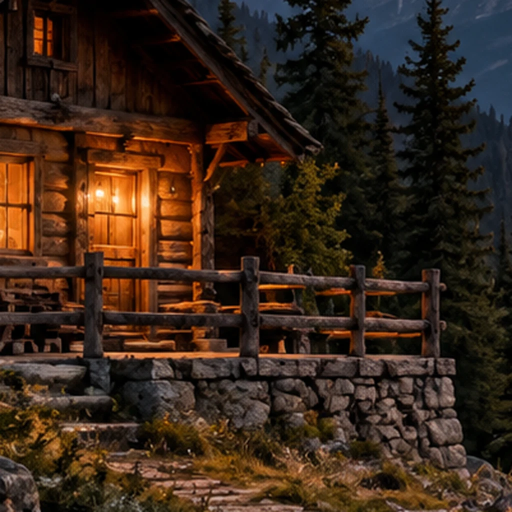 Cabin input close-up: stone wall and railing