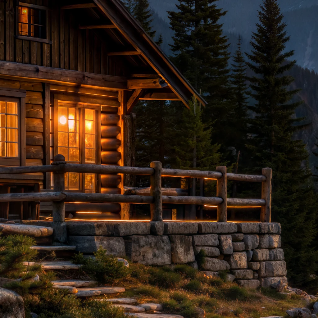 Cabin output close-up: redrawn stone wall and railing