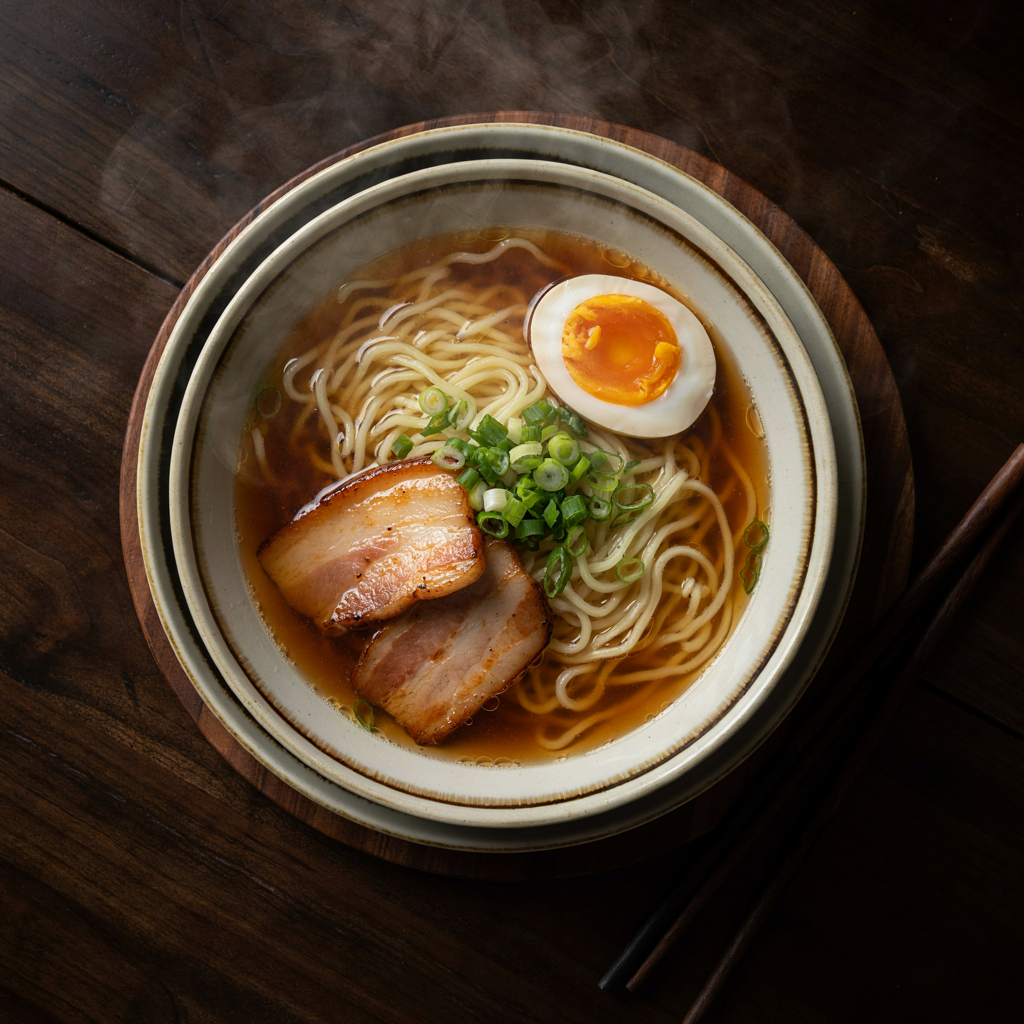 Ideogram overhead ramen with the egg toward the upper right